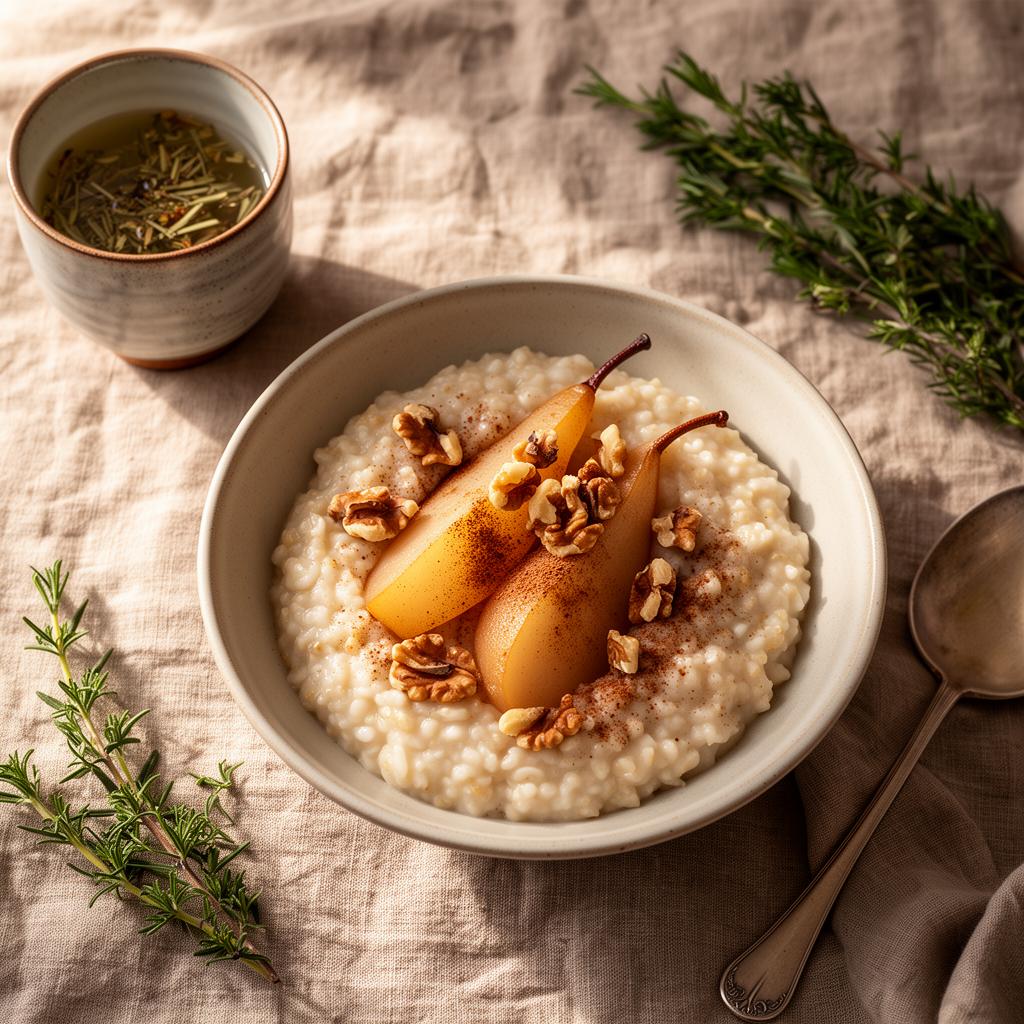Warme Schale Porridge mit Birne, Walnüssen und Kräutertee