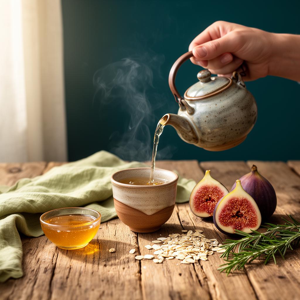 Hand giesst dampfenden Kräutertee aus einer rustikalen Keramikkanne in eine kleine Tasse
