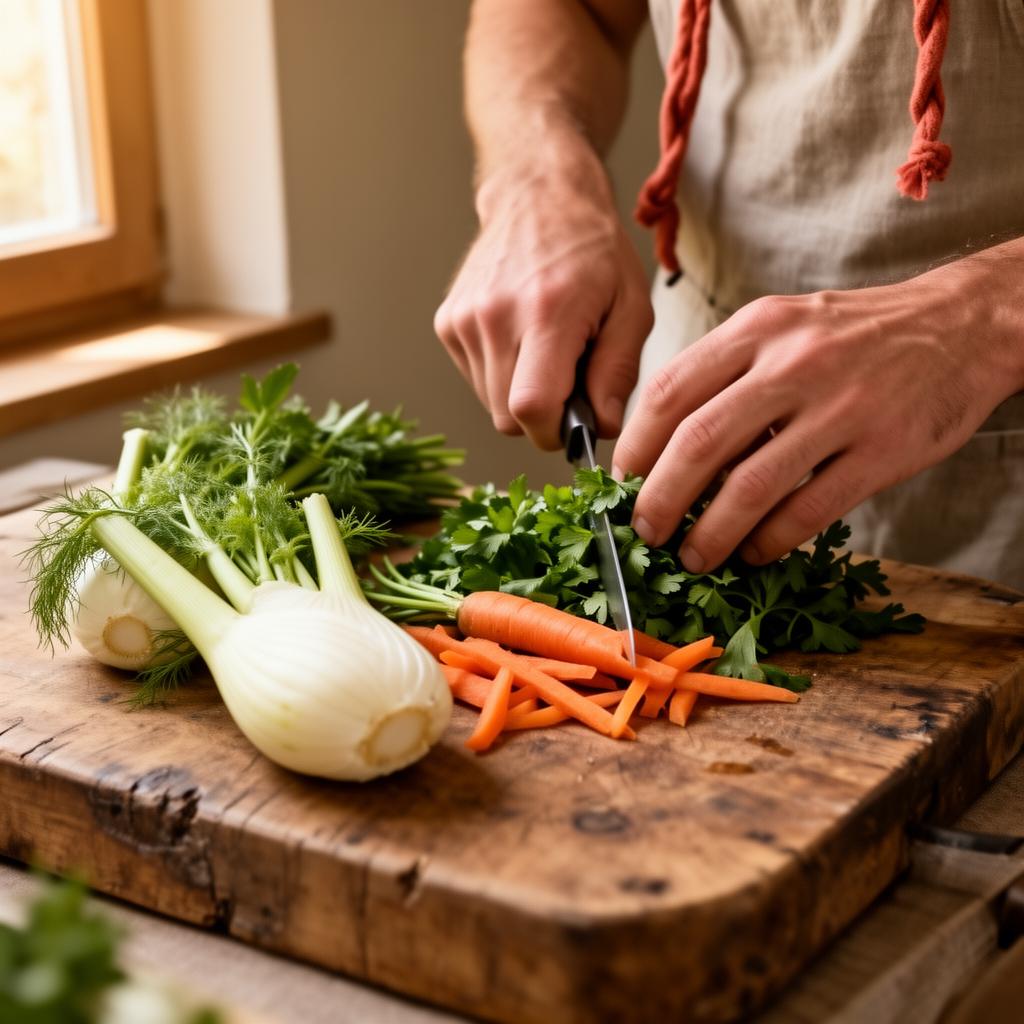 Hände schneiden Fenchel, Karotten und frische Kräuter auf einem Holzbrett